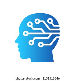 Human head tech logo, Circuit board technological brain, Artificial intelligence, Simple flat design icon symbol, Isolated on white background, Vector illustration