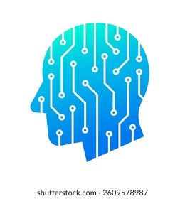 Human head tech logo, Circuit board technological brain, Artificial intelligence, Simple flat design icon symbol, Isolated on white background, Vector illustration