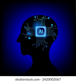 Human head technology, AI chip technology brain, Artificial Intelligence network head brain technology concept.