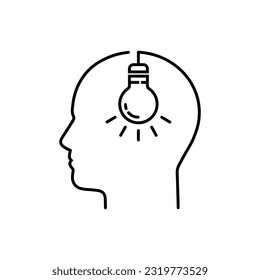 human head with thin line light bulb. concept of brainstorm or thinking emblem and unique idea. linear flat stroke prompt like hanging lightbulb logotype art graphic lineart design isolated on white