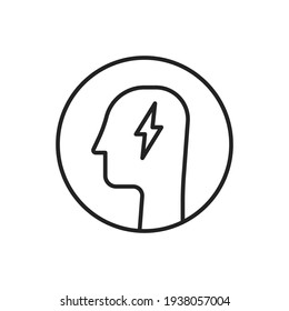 human head with thin line lightning like insight. concept of genius person and eureka or evrika and frustration. stroke trend modern lineart knowledge logotype graphic linear design isolated on white