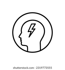 human head with thin line lightning like insight. concept of genius person and eureka or evrika and frustration. stroke trend modern lineart knowledge logotype graphic linear design isolated on white