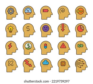 human head thinking and mind icons set