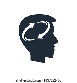 Human head and thinking rotation arrows . Vector icon isolated on white background.