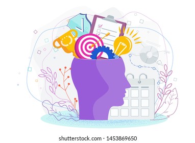 Human head with thoughts and ideas. Metaphor of creative inspiration, inspiration, successful ideas. Analysis of business problems and solutions. Trendy flat vector style illustration.