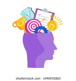 Human head with thoughts and ideas. Metaphor of creative inspiration, inspiration, successful ideas. Analysis of business problems and solutions. Trendy flat vector style illustration. Human profile.