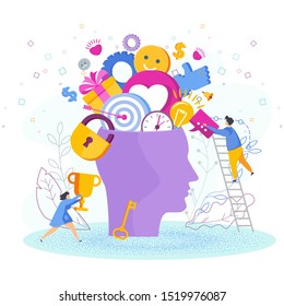 Human head with thoughts and ideas. Metaphor of creative inspiration, inspiration, successful ideas. Analysis of business problems and solutions. Trendy flat vector style illustration. Human profile.