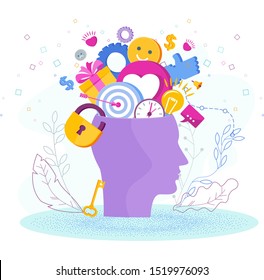 Human head with thoughts and ideas. Metaphor of creative inspiration, inspiration, successful ideas. Analysis of business problems and solutions. Trendy flat vector style illustration. Human profile.