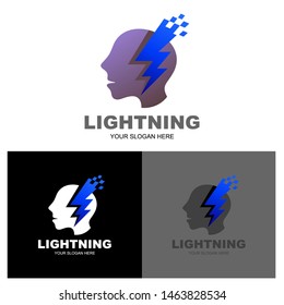 human head with thunder logo vector, pixel logo and voltage