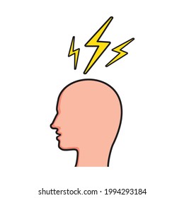 Human head with thunderbolt icon. Concept of stress chaotic thought process. Flat vector illustration
