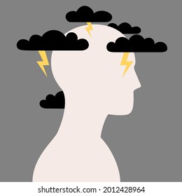 Cabeza humana con tormenta y nubes relámpago. El concepto de estrés psicológico, ánimo opresivo, trastorno mental. Ilustración del vector