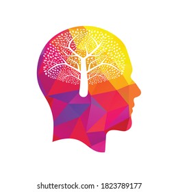 A Human head tree with leaves logo icon illustration. Human head brain tree vector design.
