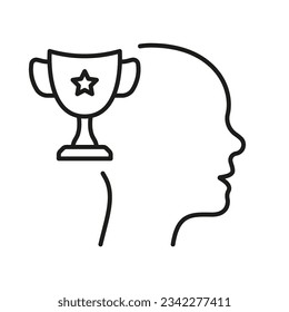 Icono de la línea de mejora de persona de la Copa de Trofeos y Cabeza Humana. Motivación en el Pictograma lineal deportivo. Símbolo motivador. Signo de esquema de incentivo al desarrollo. Stroke editable. Ilustración de vectores aislados.