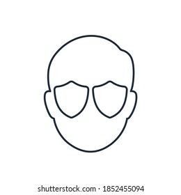 A human head and two shields in place of glasses. Protecting human perception from harmful information or protecting the eyes from mechanical damage. Vector linear icon isolated on white background.