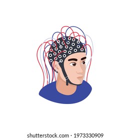 Human head undergoing electroencephalography test isometric icon vector illustration