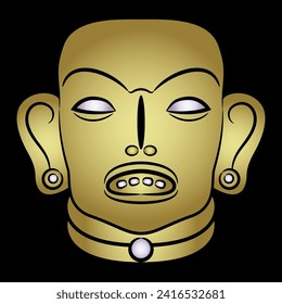 Human head from Veracruz. Ethnic tribal mask. Native American pre Columbian art from Mexico. Black and gold  silhouette.