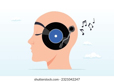 Human head with vinyl record playing song in his head metaphor of music lover, listen to music while study or working, melody to relax or enjoy life, psychology or chill music help emotional (Vector)