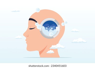 Human head with washing machine in action to clean his brain, brain wash by medias or advertising information, make someone to believe, manipulate thought, control how people think (Vector)