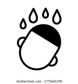 Human head with water drops over it, simple black and white outline icon. Flat vector illustration. Isolated on white background.