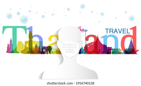 human head  wear mask  to protect from covid-19 virus outbreak spreading.travel thailand  text.banner modern idea and concept - vector