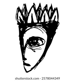 Human head wearing crown. Fantastic character. Hand drawn linear doodle rough sketch. Black and white ink silhouette.