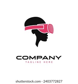 Human head wearing virtual reality glasses, this iconic logo is suitable for technological industry. vector illustration
