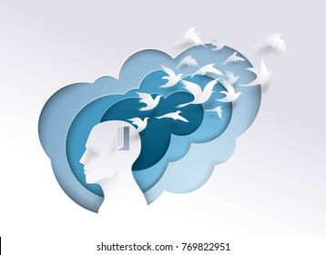 Human head with white birds flying from head, freedom and relax mind, Creative ideas, emotions or psychology concept, Think outside the box, Paper art vector and illustration.
