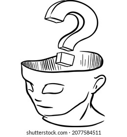 Human head without the top of which a three-dimensional question mark comes out sketch vector illustration hand draw