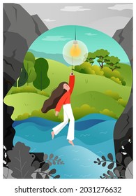 Human head and woman turning on new idea shining lightbulb, flat vector illustration. Human mind, thinking, innovation.