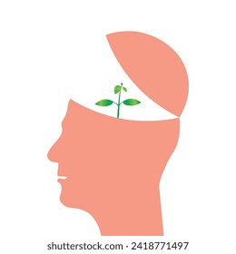 human head with young plant growing from brain, mind growth concept, vector illustration
