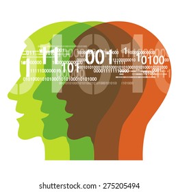 Human Heads with binary codes.Three Human Heads with binary codes. Concept for information technology.  Vector illustration.
