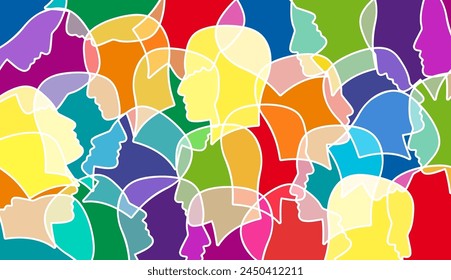 Human heads in confusion. Diversity. Multiracial crowd. Workers group, community. Flat style. Vector illustration.Colorful anonymous people 