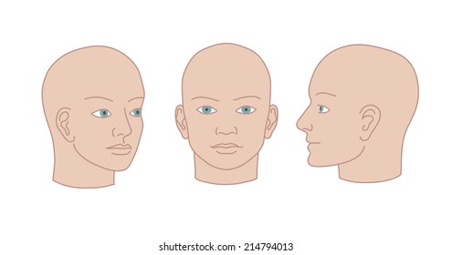 Human heads full-face, half-face and three-quarter. Vector silhouette illustration