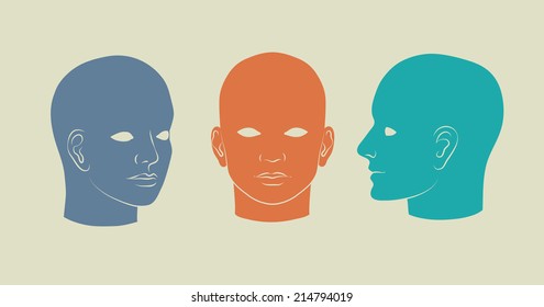 Human heads full-face, half-face and three-quarter. Vector silhouette illustration