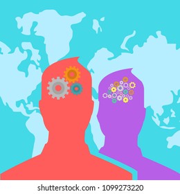 Human heads with gears. Head thinking. Flat style