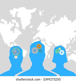 Human heads with gears. Head thinking. Flat style