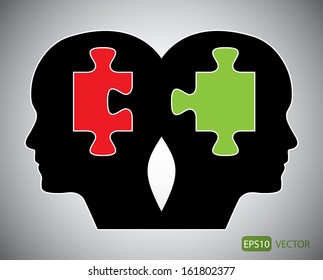 Human heads with green and red puzzle. Creative brainstorm design concept. Easy to edit abstract isolated vector illustration with twins. 