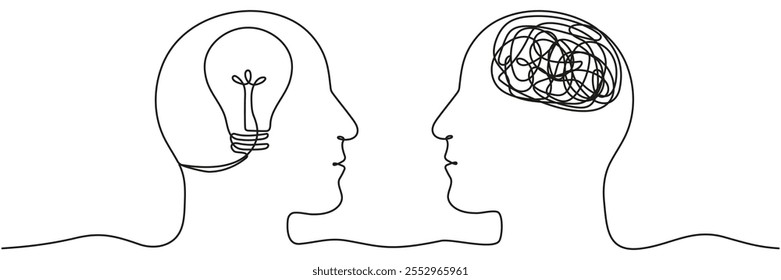 Cabeças humanas com lâmpada e pensamentos confusos desenho de linha contínua. Conceito linear de saúde mental. Símbolo de solução de problema. Processo de ideia criativa. Ilustração vetorial isolada em branco.