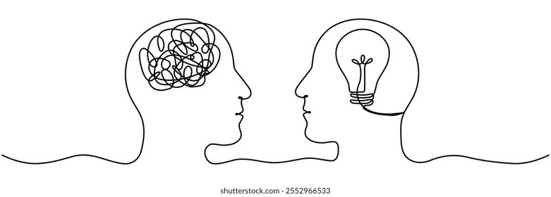 Human heads with light bulb and confused thoughts continuous line drawing. Mental health linear concept. Problem solution symbol. Creative idea process. Vector illustration isolated on white.