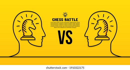 Human heads with linear chess illustration on yellow background, concept of business strategy battle