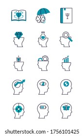 human heads and Mental health icon set over white background, half line half color style, vector illustration