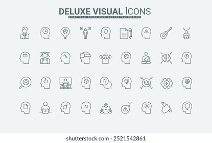 Human heads with pictograms of gear and time, warning sign and light bulb, brain health and AI robot thin black outline symbols vector illustration. Mind process, psychology line icons set.