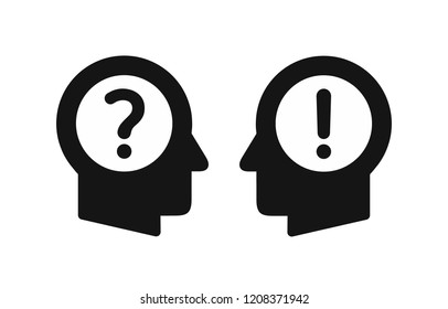 Human heads profiles with exclamation and question marks inside, dialogue concept, question and answer, simple black icons vector illustration isolated on white background