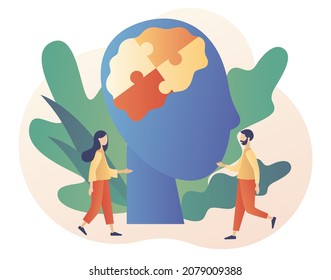 Human heads puzzle. Knowledge, psychology, memory, logic. Mutual understanding. Mental health. Business, teamwork concept. Modern flat cartoon style. Vector illustration on white background