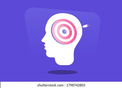 Human heads silhouette with arrow on target. Mental concentration, successful strategy and mind focus. Modern flat vector illustration