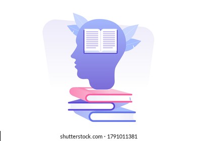 Human heads silhouette with books. Cognitive psychology or psychiatry. Education, learning, writing and storytelling. Literature or poetry. Modern isolated flat vector illustration