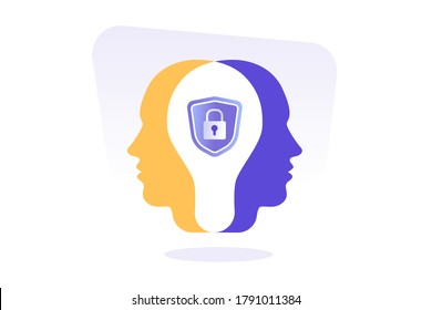 Human Heads Silhouette With Lock Icon. Cognitive Psychology Or Psychiatry. Mental Health. Privacy And Safety. Introvert. Modern Isolated Flat Vector Illustration