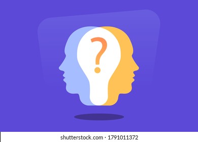 Human Heads Silhouette With Question Mark. Cognitive Psychology Or Psychiatry. Self Questioning. Education Concept. Modern Flat Vector Illustration