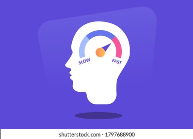 Human Heads Silhouette With Speedometer Icon. Growth Mindset, Potential Development, Fast Self Improvement, Soft Skills Training, Boost Efficiency, Fast Decision Making Flat Vector Illustration