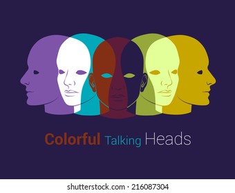 Human heads silhouettes. Group of people talking, working together. Concept illustration